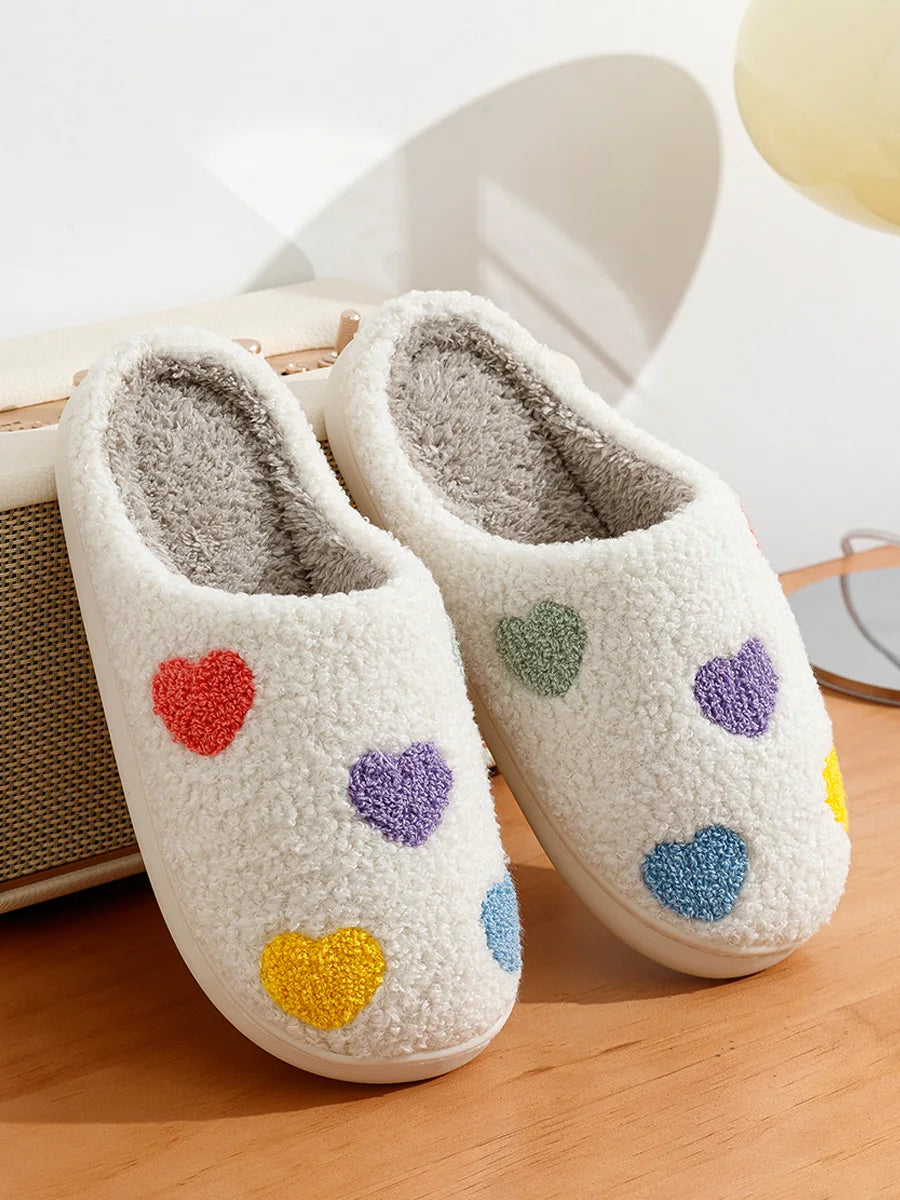 Cute Color Heart Women Slippers Valentine's Day Embroidery Fuzzy Romantic Love Comfy Flat Girl Friend Gift Winter Home Shoes