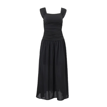 WhereMery Elegant Slip Long Dresses Sexy Women Ruched Bodycon Solid Maxi Dress Spring Y2K Summer Temperament High-waist Vestidos