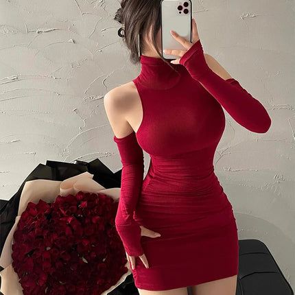 Summer Sexy High Neck Tight Dress Oversleeve Pleated Bottom Wrapped Hip Dress Women Bodycon