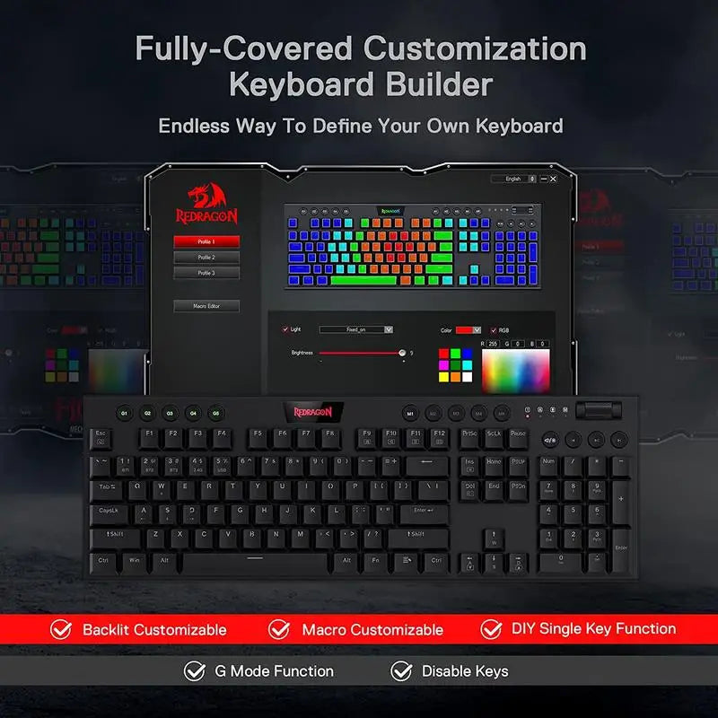 Redragon K618 Horus Wireless RGB Mechanical Keyboard, Bluetooth/2.4Ghz/Wired Low Profile Gaming Keyboards, Brown/Blue Switch