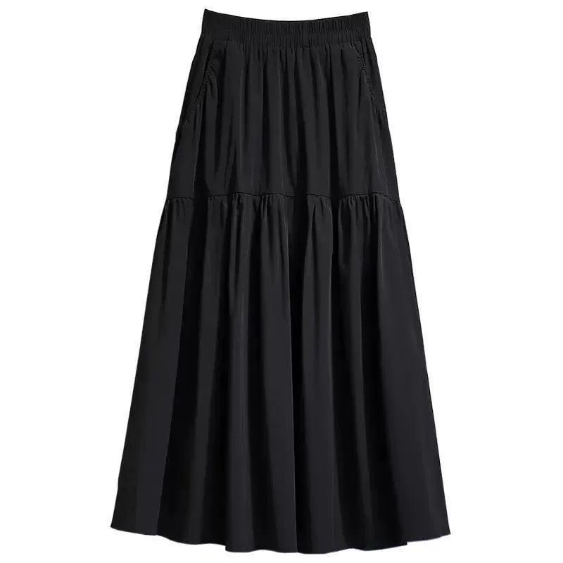 Pokect Solid Color High Waist Women Skirts Summer Autumn Black Casual A Line Pleats New Daily Wear Women Skirts