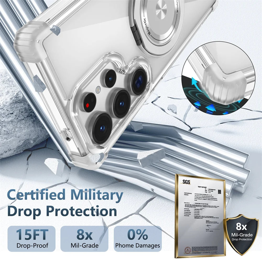 Rotating Magnetic Folding Stand Transparent Phone Case for Samsung S25 Edge S24 S23 Plus FE S21 Ultra Armor Shockproof Cover