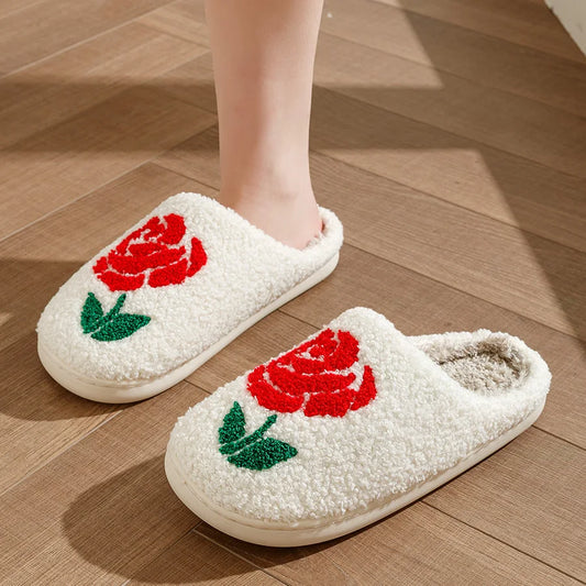 Romantic Rose Women Slippers Valentine's Day Embroidery Fuzzy Love Comfy Flat Bedroom Valentine Gift Winter Home Girls Shoes