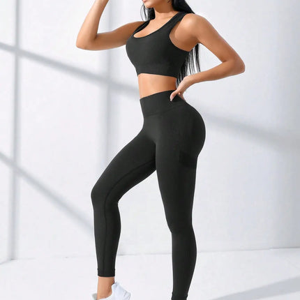 Yoga Basic 2pcs Seamless High Stretch Yoga Set Tracksuit Gym Set Crisscross Back Cami Hip-hugging Tummy Control Leggings