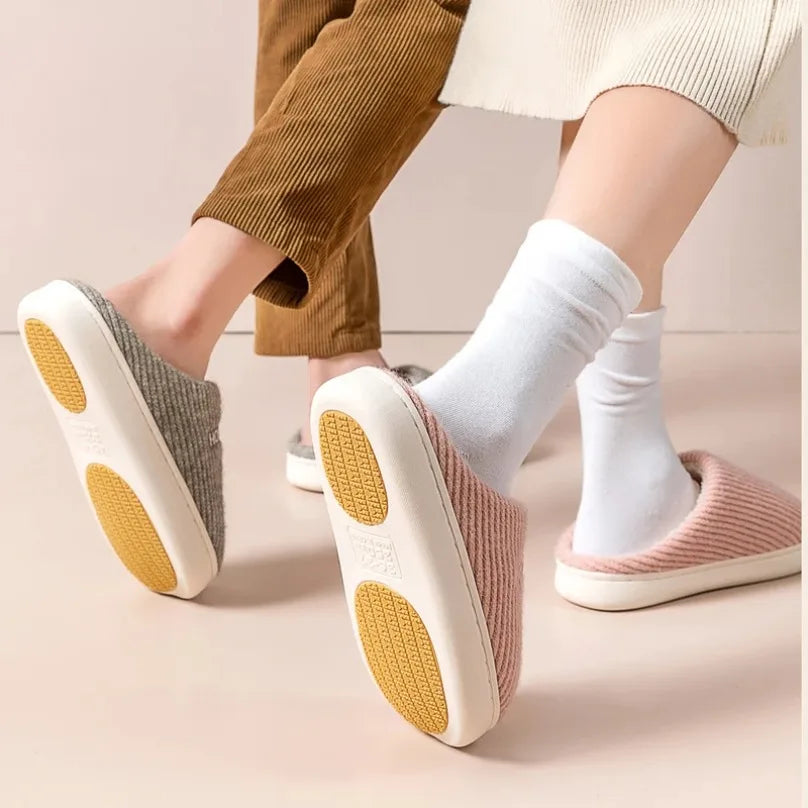 House Fuzzy Slipper Women Striped Winter Warm Fur Plush Non Slip Grip Indoor Lazy Soft Female Thermal Home Shoe Flat Male Men