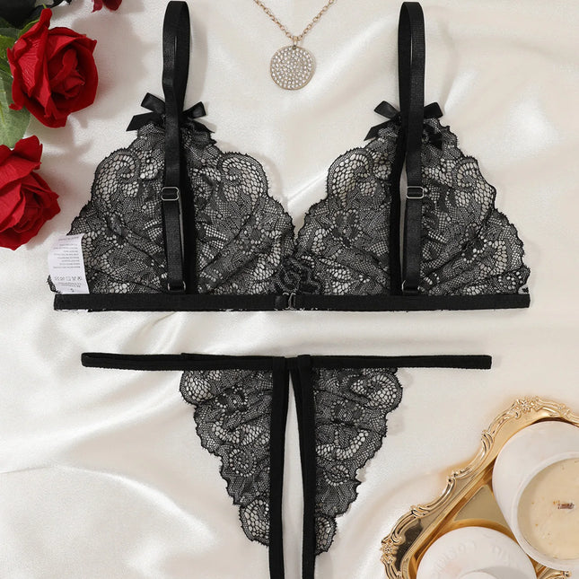Women Sexy Lingerie Bra Thongs Sets Ultrathin Lace Lingerie Set Temptation Erotic Open Bra Crotchless Outfits For Pretty Girls