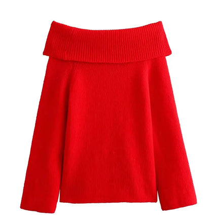 TRAFZA Women Fashion Solid Off Shoulder Sweater Long Sleeve Knitted Pullover Sweater Autumn Female Casual Knitwear Chic Top