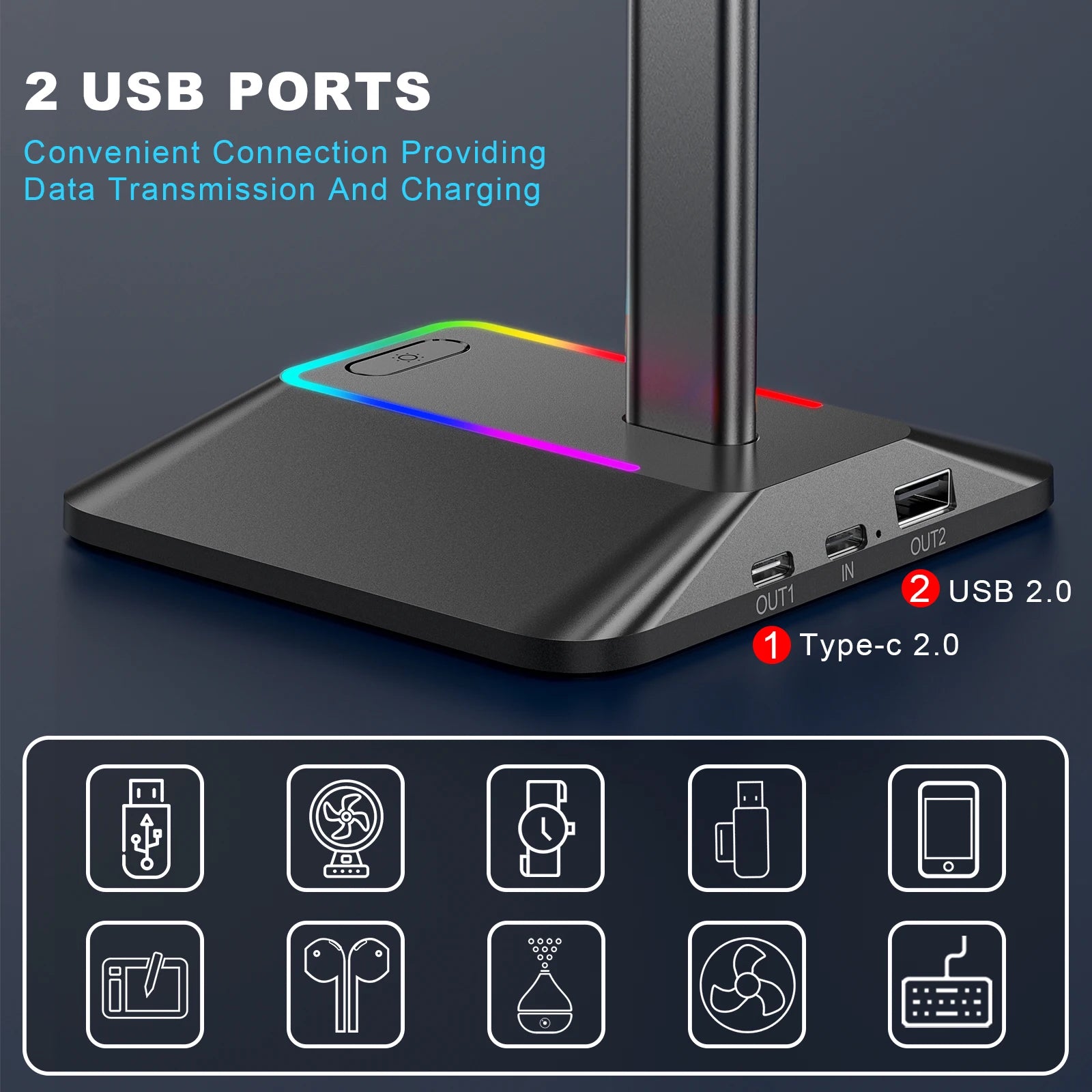 RGB Headphones Stand Holder Desk Gaming Headset with 2 USB Ports Cool Display Holder Non-Slip Rubber Base for Gamer