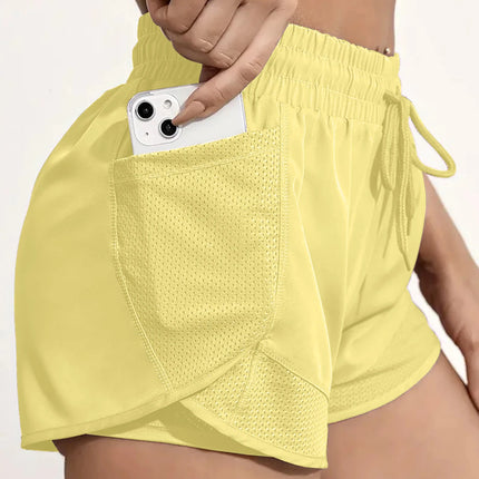 Women's Elastic Sports Shorts, Shorts With Pockets, Fake Two-Piece Yoga Leggings Running And Training