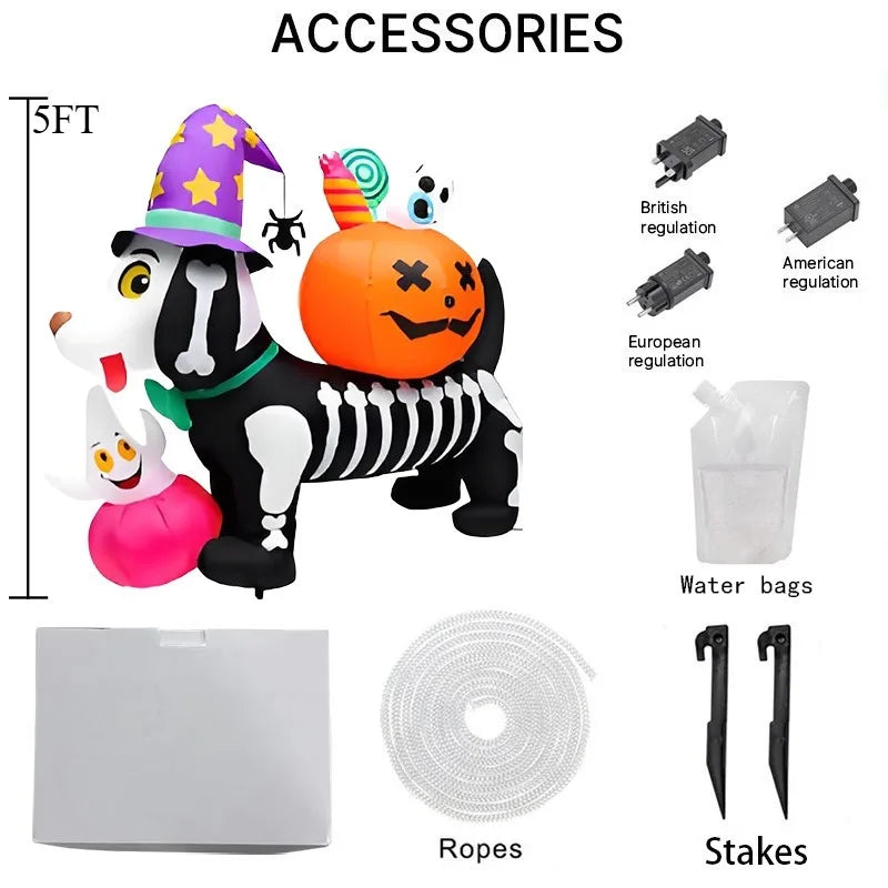 1.5M/5FT Halloween Decorations Inflatable Toy Skeleton Dog with Pumpkin LED Light Up Blow Up Lawn Inflatable Model Outside Decor
