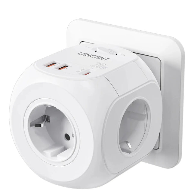 LENCENT EU Plug Wall Socket Extender with 4 AC +QC3.0USBX2 +1 Type C PD20W Fast Charger Adapter 7-in-1 Socket On/Off Switch