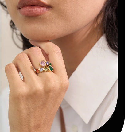 Yhpup Delicate Cubic Zirconia Heart Stainless Steel Gold Color Adjustable Fashion Open Ring High Quality Chic Charm Jewelry