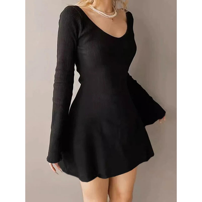 Elegant And Pretty Women Dresses Autumn Winter New Black Sexy Short Dress Female V Neck Long Sleeve Slim Solid Color Mini Dress