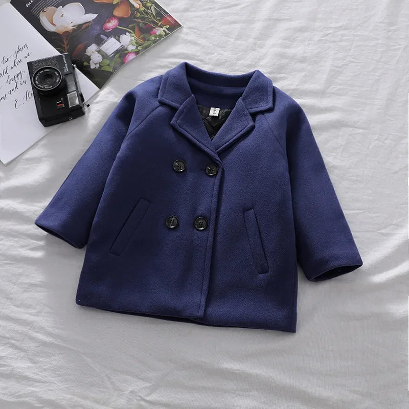 Autumn Winter Boys Fashion Jacket Solid Color Lapel Double-Breasted Long Woollen Overcoat For 2-6 Years Boys Handsome Outwear
