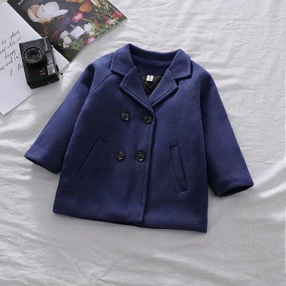 Autumn Winter Boys Fashion Jacket Solid Color Lapel Double-Breasted Long Woollen Overcoat For 2-6 Years Boys Handsome Outwear