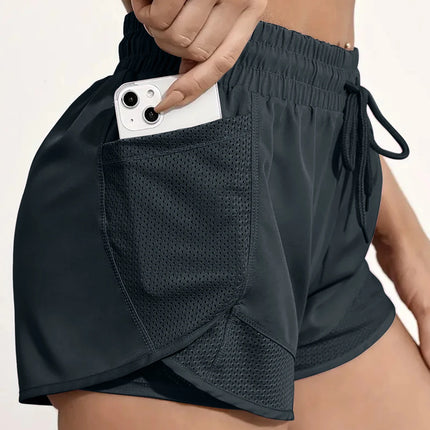 Women's Elastic Sports Shorts, Shorts With Pockets, Fake Two-Piece Yoga Leggings Running And Training