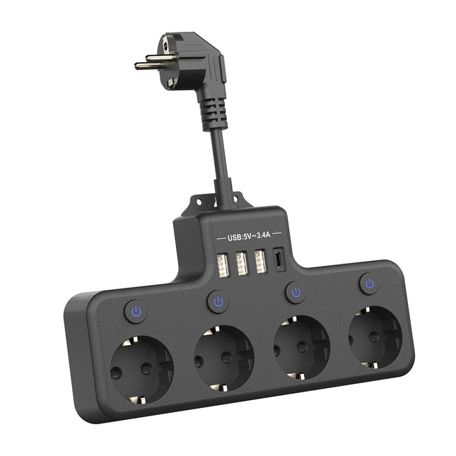 European plug power strip multi-contact socket with 3 USB and 1Type-C ports household power socket with switch surge protector