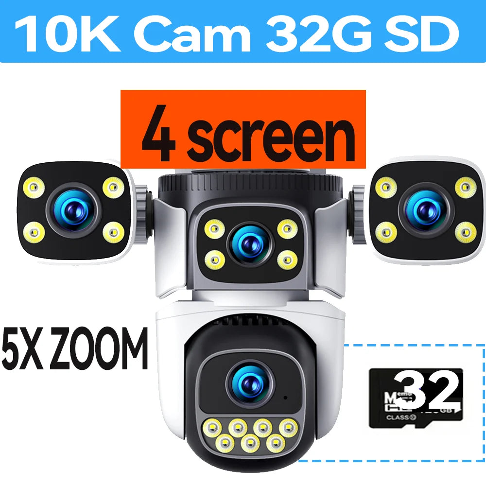 10K 20MP Four Screen Outdoor WiFi Cam PTZ 5X Zoom Night Vision Four Lens 10K Wireless CCTV Surveillance Cam Security Protection