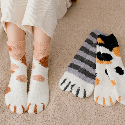 Autumn Winter Coral Velvet Socks Cute Cat Claw Socks For Women Children Girls Middle Tube Thickened Sleep Socks Home Floor Socks