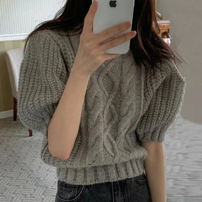 summer autumn Women's Knitted Pullover Fashion puff Sleeve solid Sweater crop Top Elegant loose Lapel Knitted Pullover gray Tops