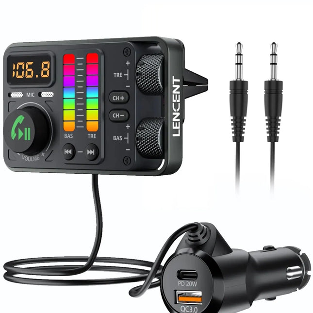 LENCENT Bluetooth 5.3 Car FM Transmitter, Hi-Fi Treble & Bass Music Player, PD20W QC18W Fast Car Charger, Radio Bluetooth Car Ad