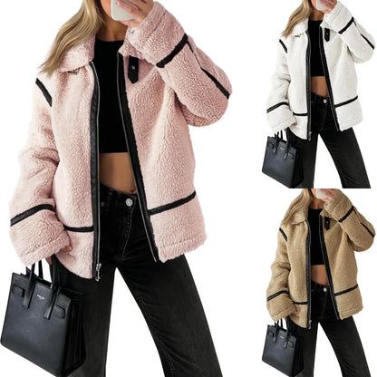 Autumn And Winter Fashion Casual Knitting Solid Color Stripe Wool Coat For Ladies Basic And Simple Zipper Jacket Coat
