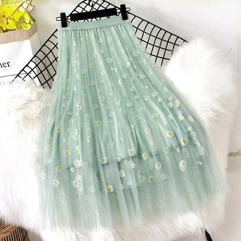 Skirts Women Tender Sweet Korean Style Printed Lady Mesh Ins Classy All-match College Elegant Popular Lovely Girls Stylish Charm