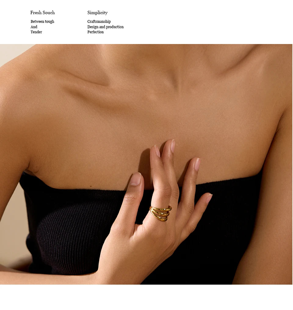 Yhpup Stainless Steel Geometric Hollow Layered Wide Ring Metal Texture Waterproof Daily Simple Stylish Golden Jewelry for Women