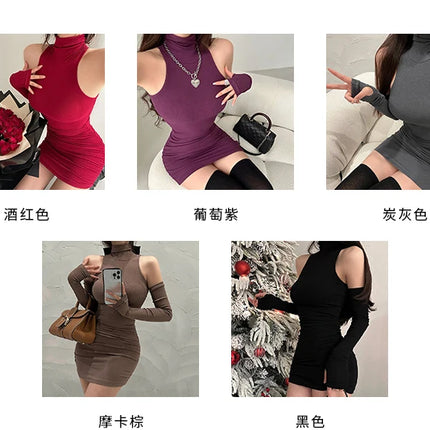 Summer Sexy High Neck Tight Dress Oversleeve Pleated Bottom Wrapped Hip Dress Women Bodycon