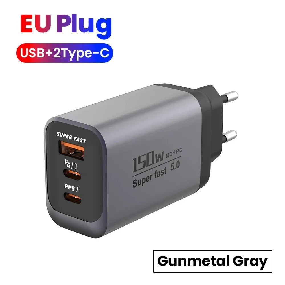 USB Type C 150W Charger USB QC3.0 Fast Charging Mobile Phone Charger Travel Adapter For iPhone 17 Samsung Xiaomi EU/UK/US Plug