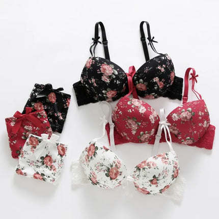 Women's Flower Bow Underwear Set Polished Gathering Adjustable Straps Bra + Triangle Panties Two Piece Set B/C Cups