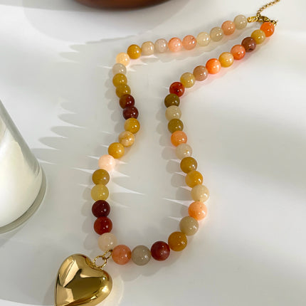 Peri'sbox Bohemia Multi-color Natural Stone Handmade Beaded Chain Waterproof Trendy Gold Plated Heart Pendant Necklace for Women