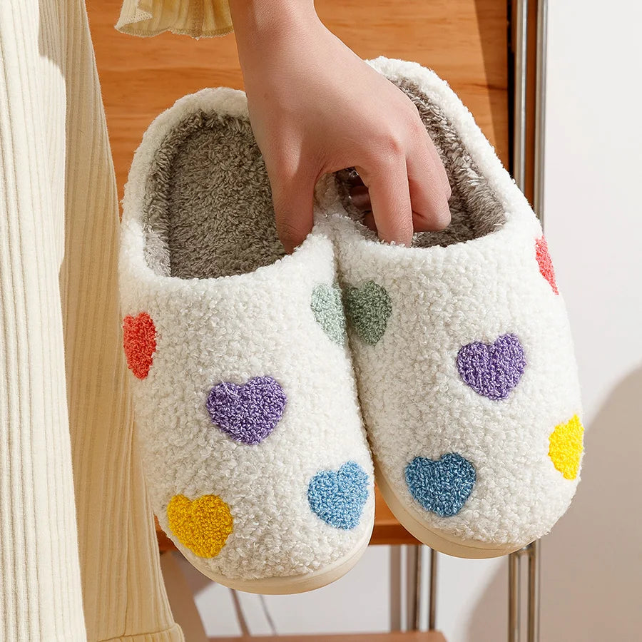Cute Color Heart Women Slippers Valentine's Day Embroidery Fuzzy Romantic Love Comfy Flat Girl Friend Gift Winter Home Shoes