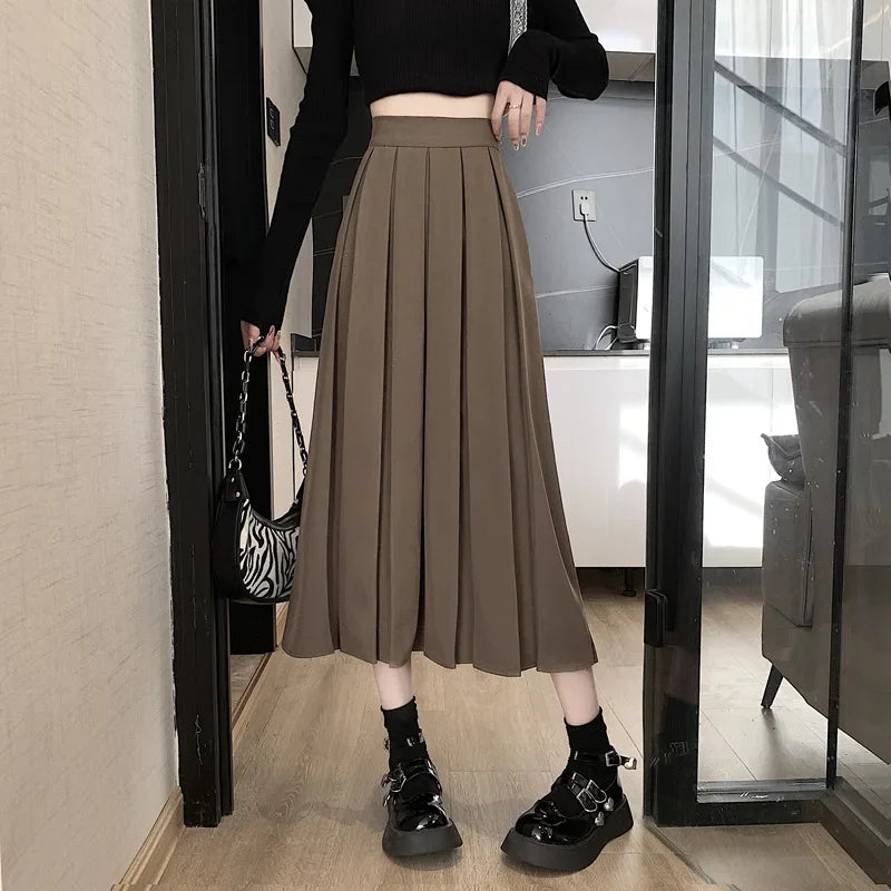 2022 Autumn/winter New Korean-style Medium-length Coffee-color Skirt Elegant Slimming Versatile Pressed A- line Skirt For Women