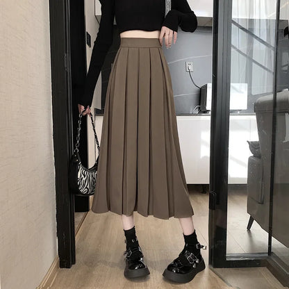 2022 Autumn/winter New Korean-style Medium-length Coffee-color Skirt Elegant Slimming Versatile Pressed A- line Skirt For Women