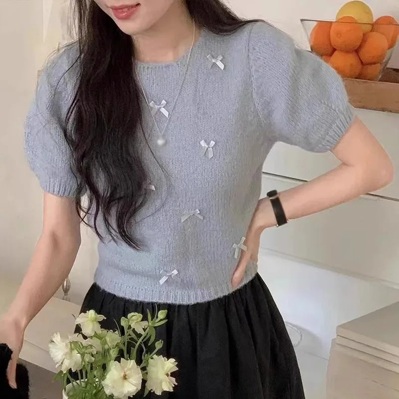 Korean Version Spring/Autumn Round Neck Bow Decoration Sweet and Fashionable Versatile Knitted Short Sleeve Pullover Top