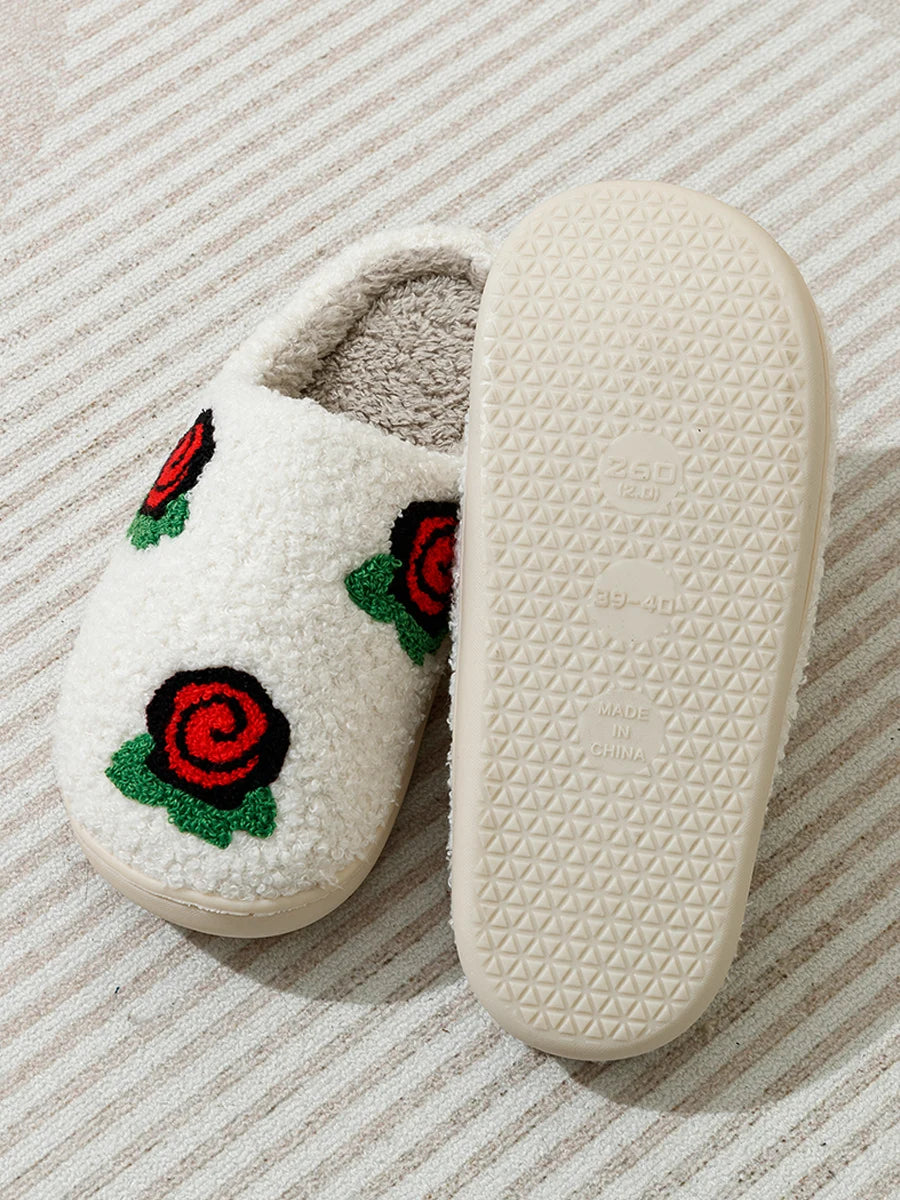Women's Slippers Valentine's Day Rose Embroidery Fuzzy Romantic Love Comfy Flat Girl Valentine Gift Winter Home Shoes