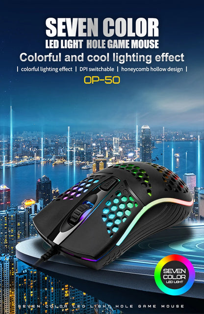 Wired Cable Gaming 7 breathing LED Back Light Optical Mouse USB Computer Hollowed out Mice Laptop Desktop 4D PC home use Office