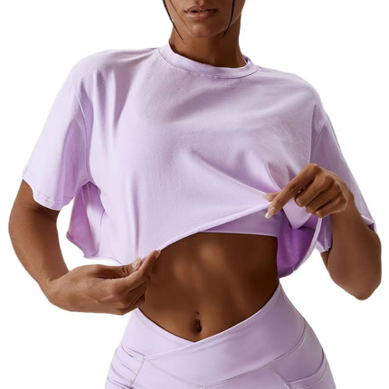Casual T-Shirt Cotton Women Short Sleeve Dance Sports Running Clothes Yoga Fitness Crop Top Loose Gym Workout Shirts