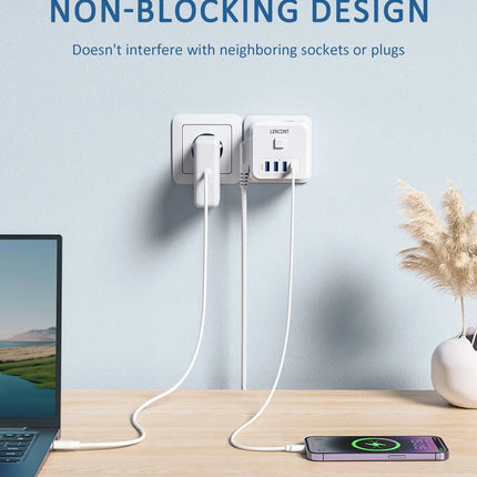 LENCENT Wall Socket Extender with 3 AC Outlets 3 USB Ports And1 Type C 7-in-1 EU Plug Charger On/Off Switch for Home