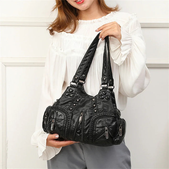 Y2k Women Shoulder Bag Vintage Punk Goth Fashion Designer Leather Tote Bag Large Capacity Rivet Motorcycle Handbag