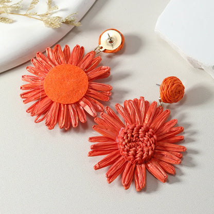 Summer New Simple Lafite Grass Sunflower Ethnic Style Beach Vacation Vine Weaving Handmade Grass Weaving Earrings