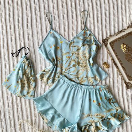 Elegant Floral Print Cami Tops   Ruffle Hem Shorts Pajama Set  Women's Sleepwear   Loungewear