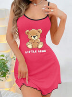 Womens Cute Little Bear Print Cami Nightgown Spaghetti Strap Sleep Dress Mini Lettuce Hem Contrast Trim Loungewear Y2K Style