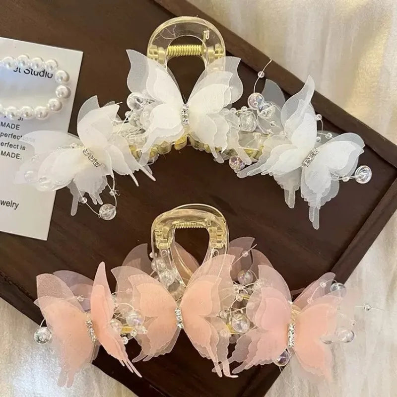 Light Blue/Pink Sheer Butterfly Claw Clip | Pearl Rhinestone Fairycore Hair Grabber | Elegant Romantic Hair Accessory