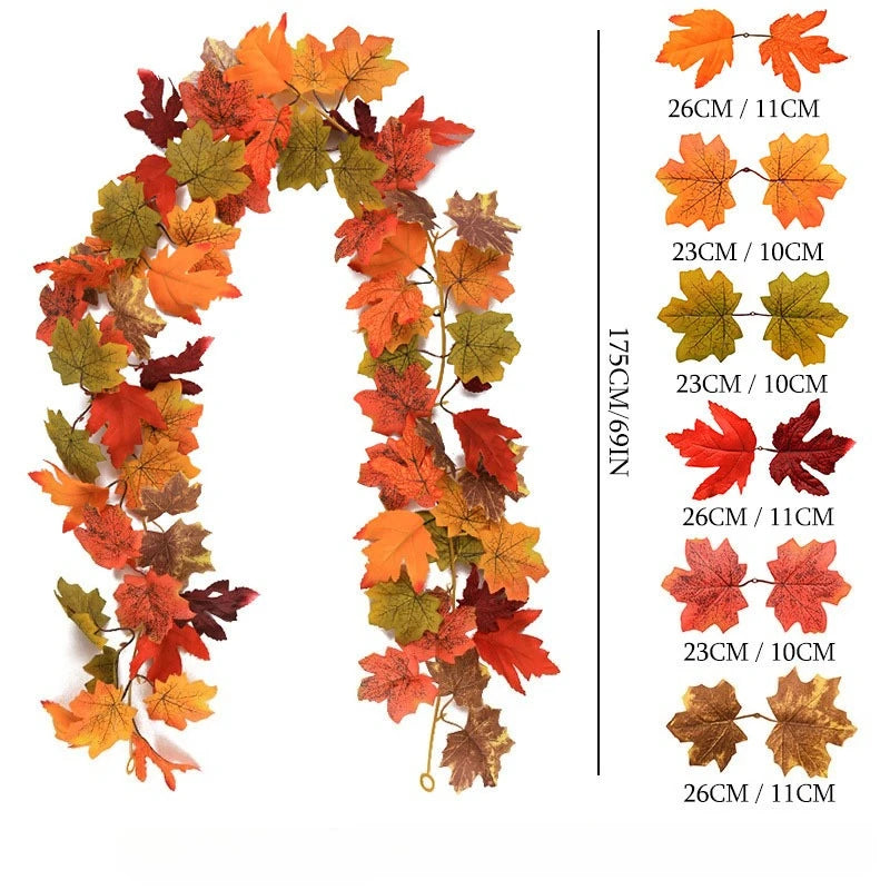 180CM Autumn Artificial Maple Leaf Fall Maple Leave Vine Wall Hanging Garland Decoration Home Garden Halloween Christmas Gift