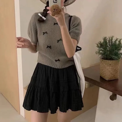 Korean Version Spring/Autumn Round Neck Bow Decoration Sweet and Fashionable Versatile Knitted Short Sleeve Pullover Top
