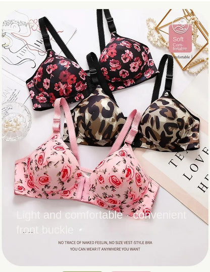 xgnvpy New front button rose print bra without underwire comfort women's push-up adjuster side breast bra cover
