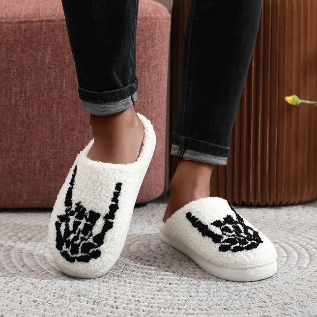 Skull Finger Pattern Skull Embroider Plush Home Thick-Soled Comfortable Woolen Cotton Slippers Rock Finger Warm Non-Slip Indoor Slippers for Men and Women Halloween Gifts