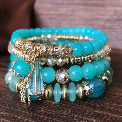 4Pcs Set Korean Boho Multicolor Crystal Beads Rope Bracelets for Women Girls Ethnic Heart Charm Wrap Bangle Pulseira Feminina